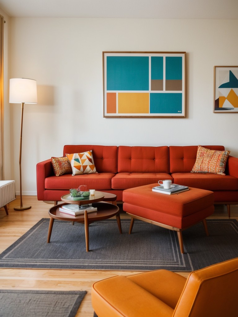 Mid-century modern apartment living room with iconic furniture pieces, bold colors, and geometric patterns for a retro look.