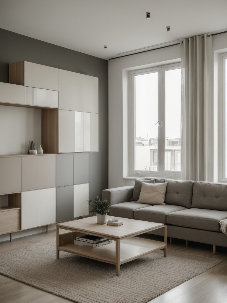 Minimalist apartment living room with neutral color palette, modular furniture, and layered textures for added visual interest.