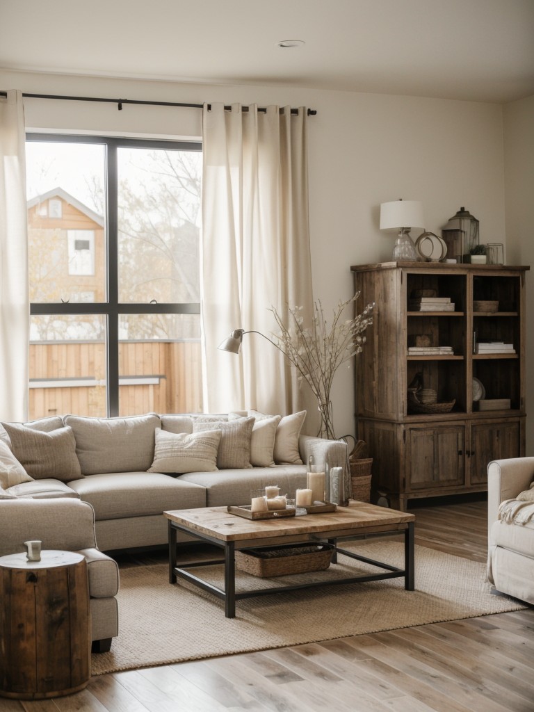 Modern farmhouse-inspired apartment living room with a mix of rustic and contemporary elements, neutral color palette, and cozy textiles.