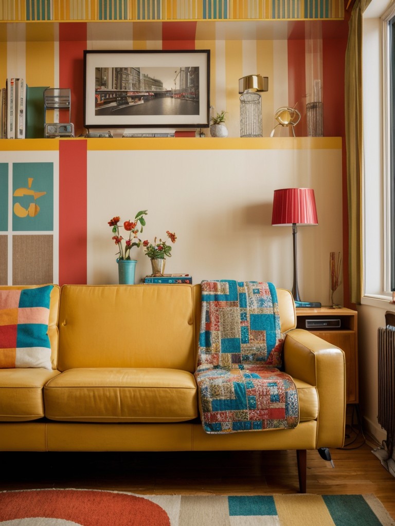 Retro-inspired apartment living room with vintage furniture, bold colors, and funky patterns for a fun and nostalgic vibe.