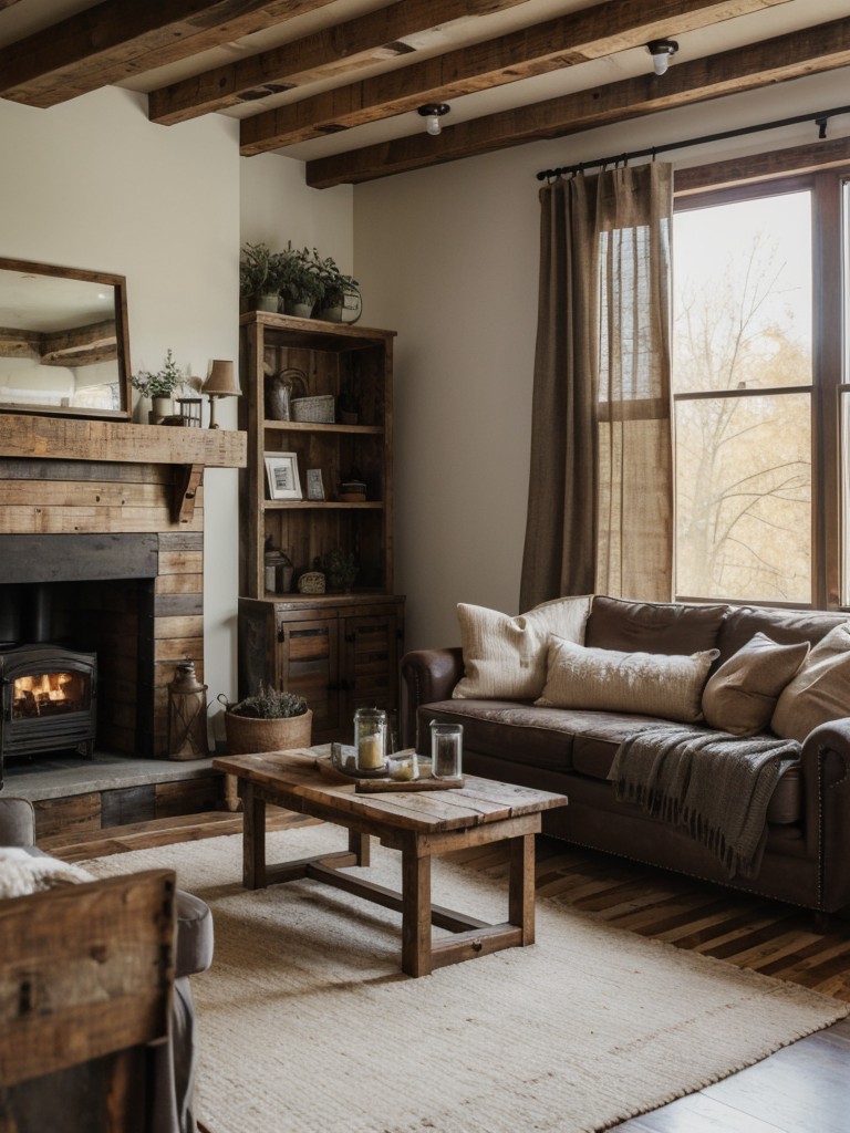 Rustic farmhouse apartment living room with reclaimed wood elements, cozy textiles, and vintage-inspired decor for a warm and inviting atmosphere.