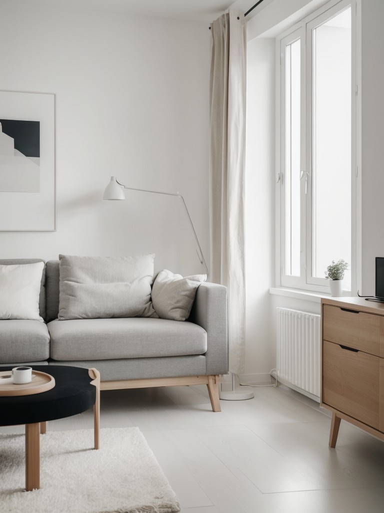 Scandinavian minimalism apartment living room with clean lines, neutral color scheme, and a focus on functionality and simplicity.