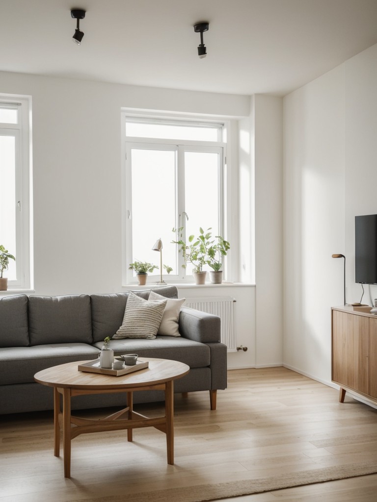 Scandinavian-style apartment living room with light wood furniture, simple decor, and plenty of natural light for a fresh and airy feel.