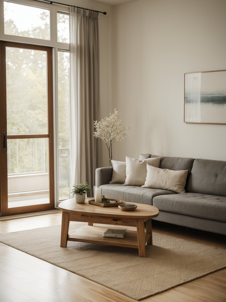 Serene Zen-inspired apartment living room with a calming color palette, natural materials, and minimalist decor for a tranquil atmosphere.