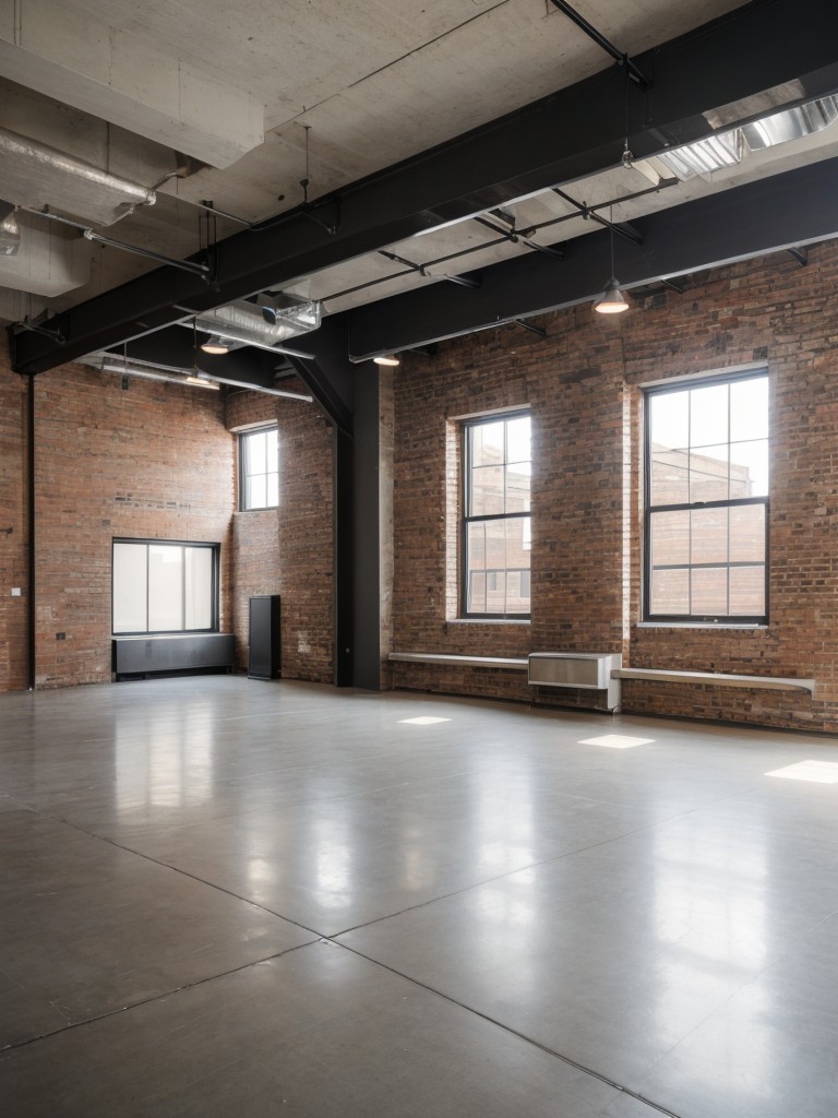 Urban loft apartment living room with exposed ductwork, brick walls, and open floor plan for a contemporary and industrial feel.