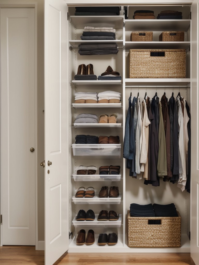 Invest in closet organizers or utilize hanging shelves and bins to maximize closet space.