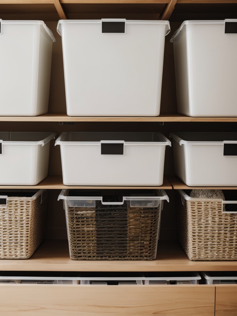 Use clear, stackable bins to organize and store seasonal clothing items and accessories.