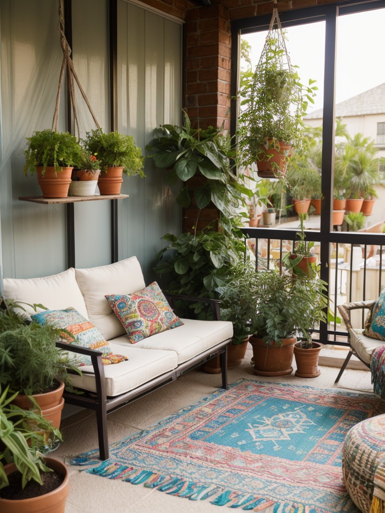 Achieve a bohemian vibe on your apartment patio by incorporating colorful textiles, cozy floor cushions, and hanging plants.