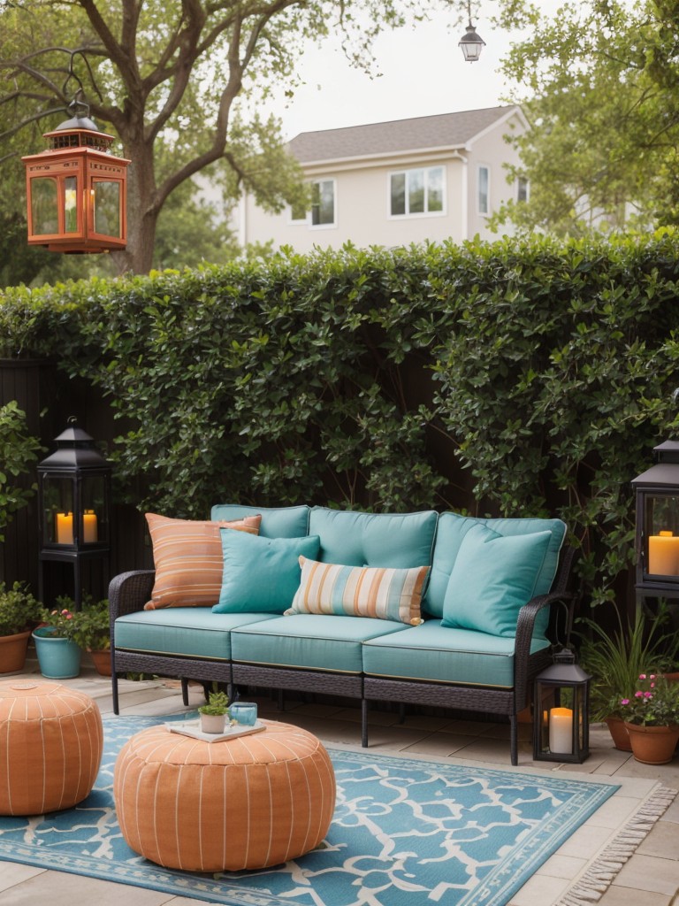 Add pops of color to your apartment patio with vibrant outdoor cushions, decorative lanterns, and a colorful outdoor rug.