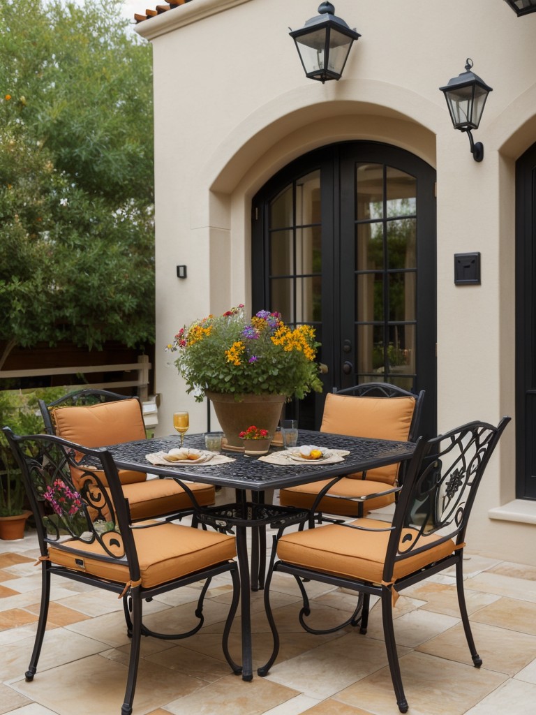 Bring a touch of Mediterranean charm to your apartment patio with wrought iron furniture, colorful tiles, and vibrant flowers.