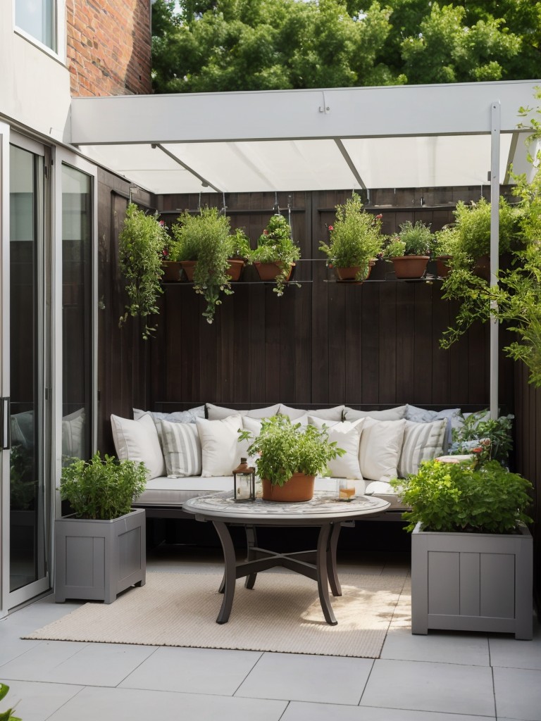 Create a multifunctional space on your apartment patio by adding a dining area, a lounge area, and a mini garden for herbs and vegetables.