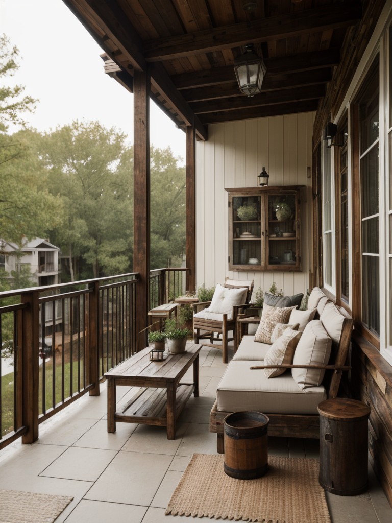 Create a rustic retreat on your apartment patio with wooden furniture, vintage accents, and cozy textiles.