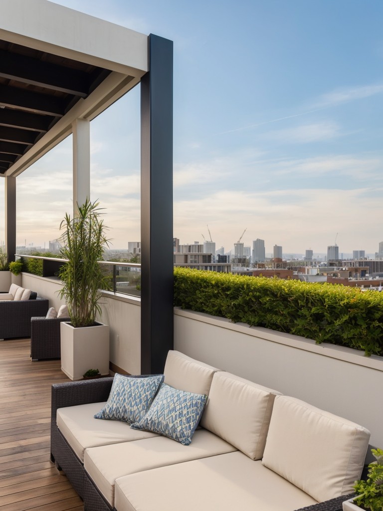 Design a stunning rooftop paradise on your apartment patio with a mix of lounge areas, a rooftop garden, and panoramic views.