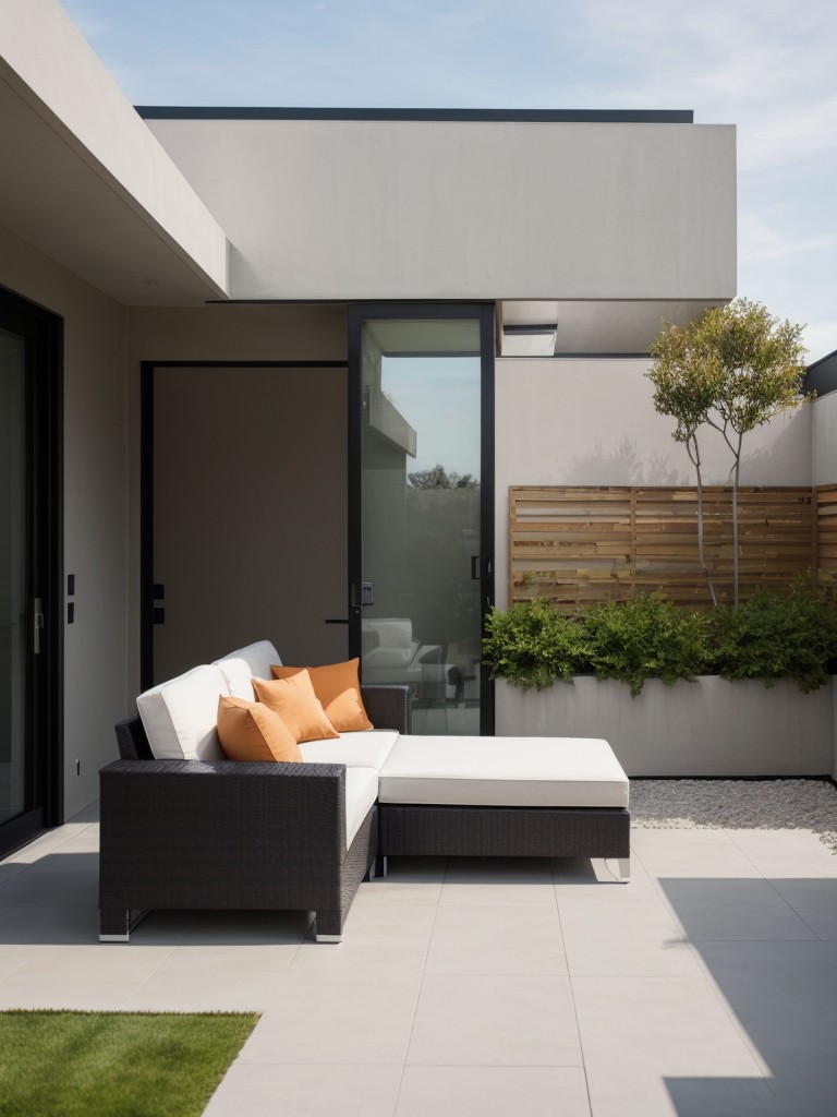 Embrace a modern contemporary theme on your apartment patio with sleek outdoor furniture, clean lines, and minimalistic décor.