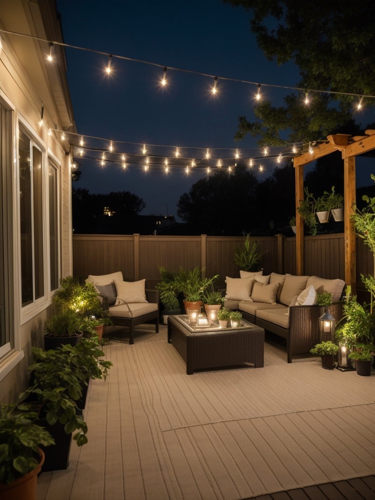 Enhance your apartment patio's ambiance with string lights, an outdoor rug, and a variety of potted plants for a touch of nature.