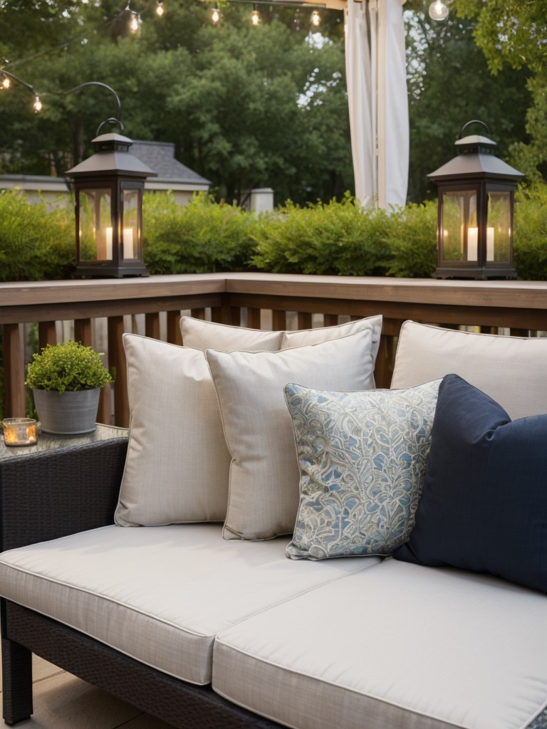 Enhance the overall aesthetic of your apartment patio with stylish outdoor accessories like weather-proof artwork, decorative pillows, and lanterns.