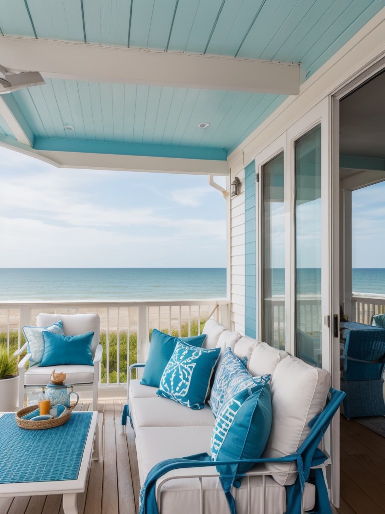 Give your apartment patio a beachy feel with coastal-inspired furniture, nautical accents, and vibrant blue hues.