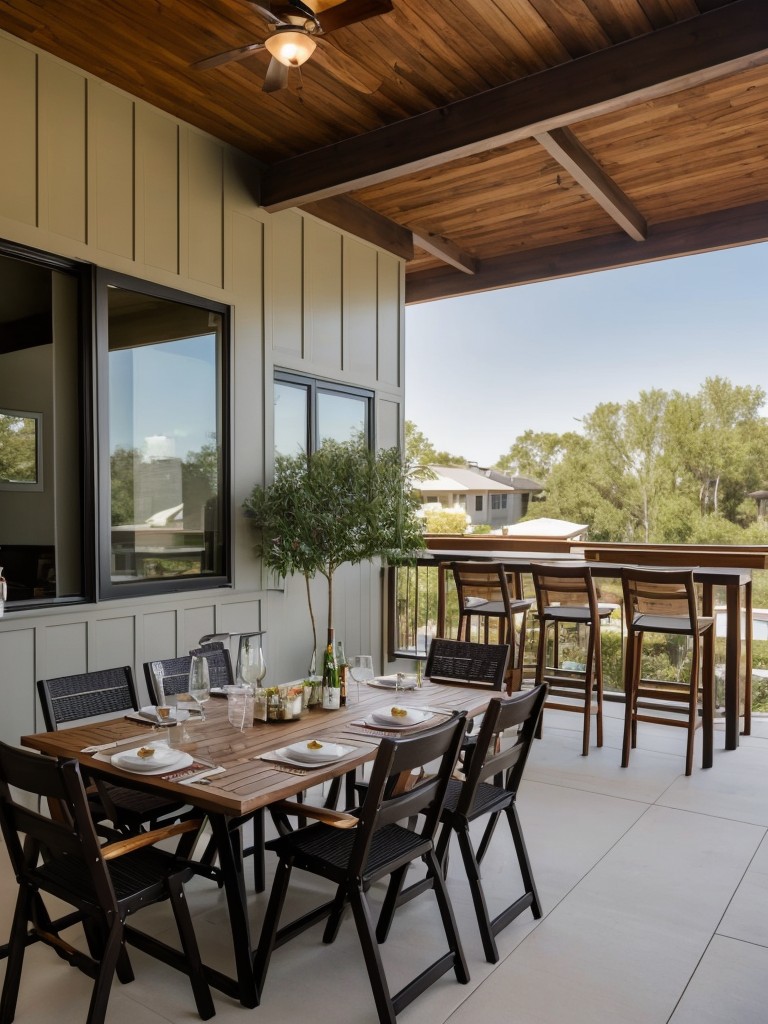 Incorporate a folding dining set or a bar cart on your apartment patio to create a versatile space for entertaining guests.