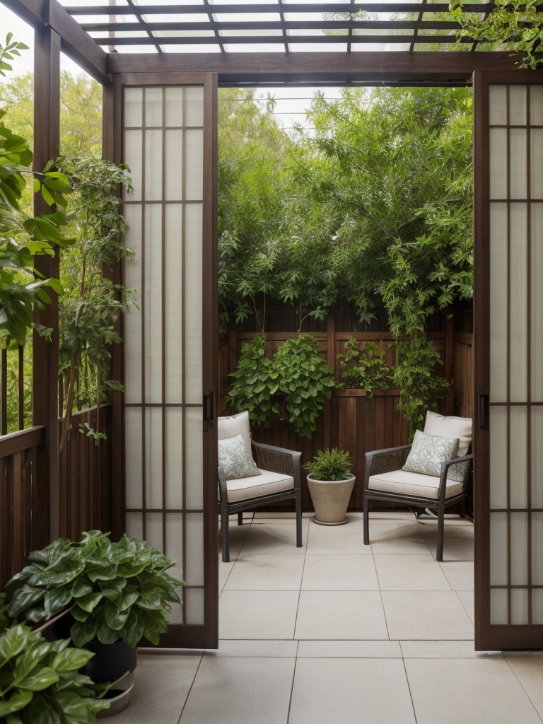 Maximize privacy on your apartment patio with tall plants, trellises, or lattice screens for a secluded outdoor oasis.