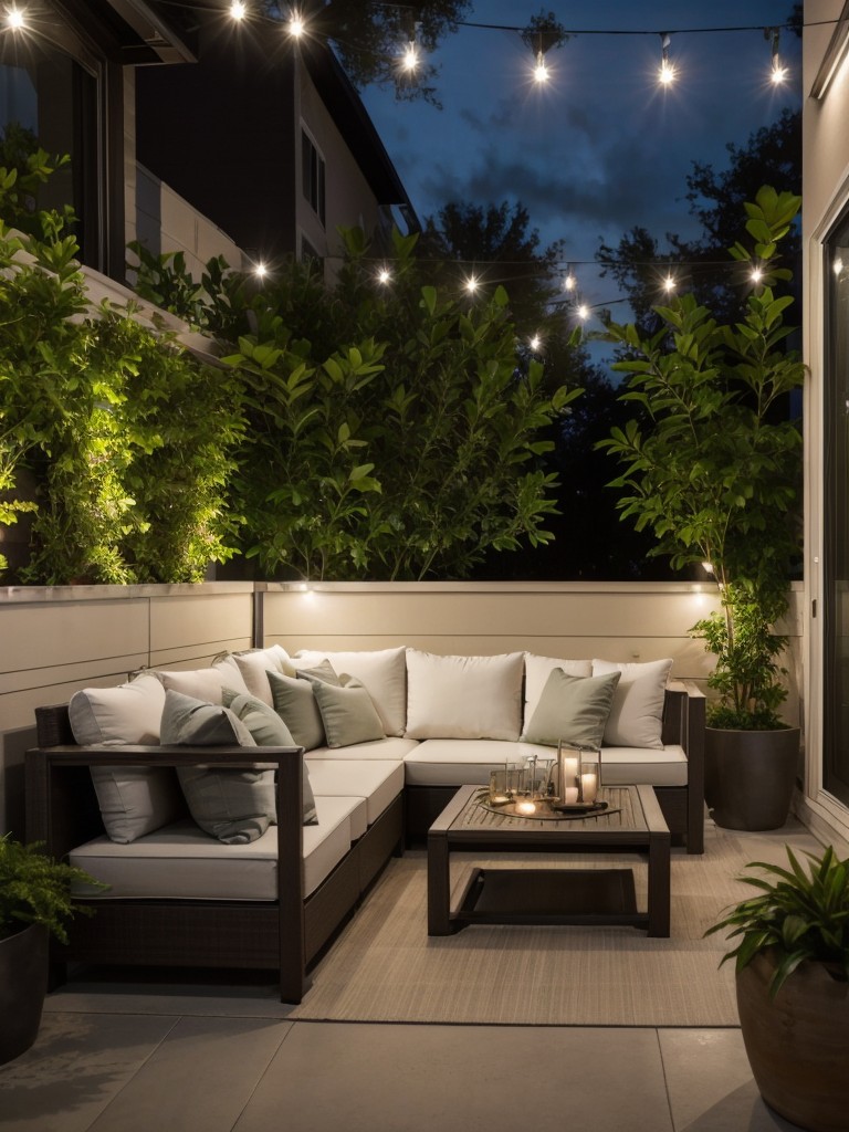 Transform your apartment patio into a cozy oasis with comfy outdoor furniture, lush greenery, and statement lighting.