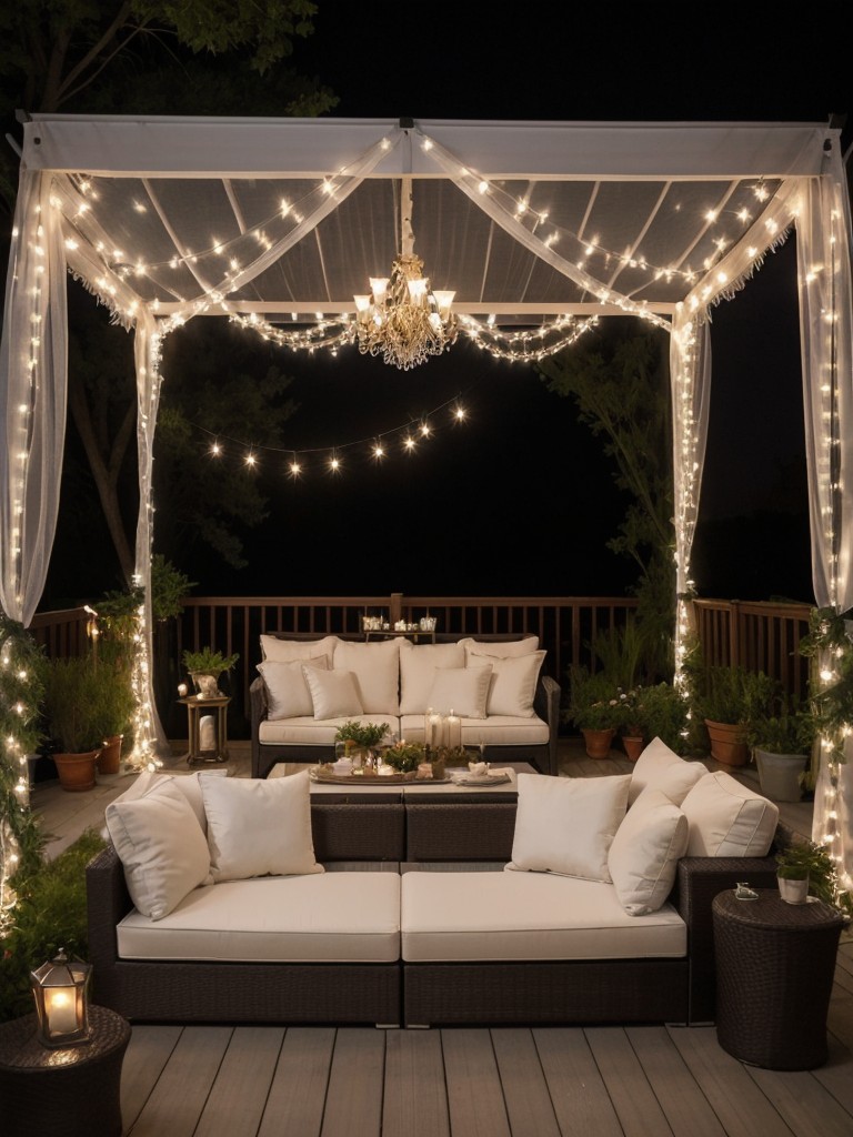 Add a touch of romance to your apartment patio by hanging a canopy or drapes for privacy, along with soft cushions and a cascading string of fairy lights for a dreamy ambiance.