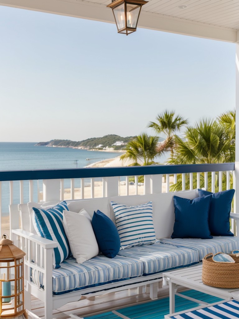 Bring a touch of the beach to your apartment patio with nautical-inspired decor, including striped cushions, lanterns, and coastal-inspired artwork to create a seaside retreat at home.