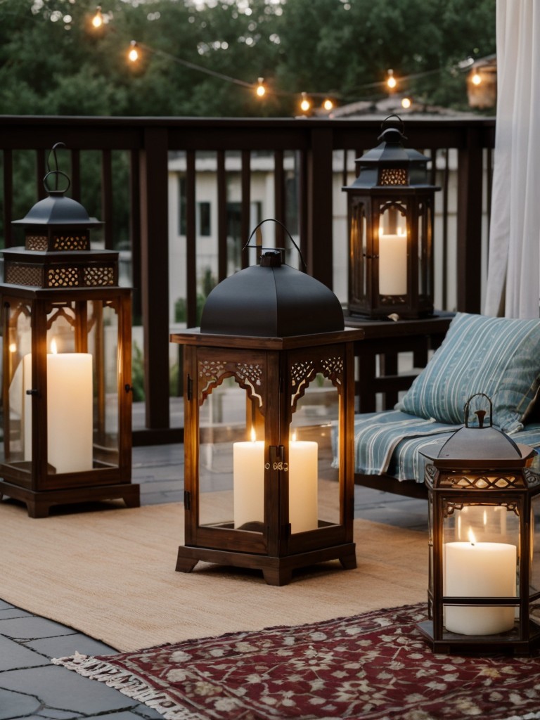 Create an enchanting atmosphere on your apartment patio with a collection of lanterns and candles, along with plush floor pillows and a Moroccan-style rug for a bohemian-inspired look.