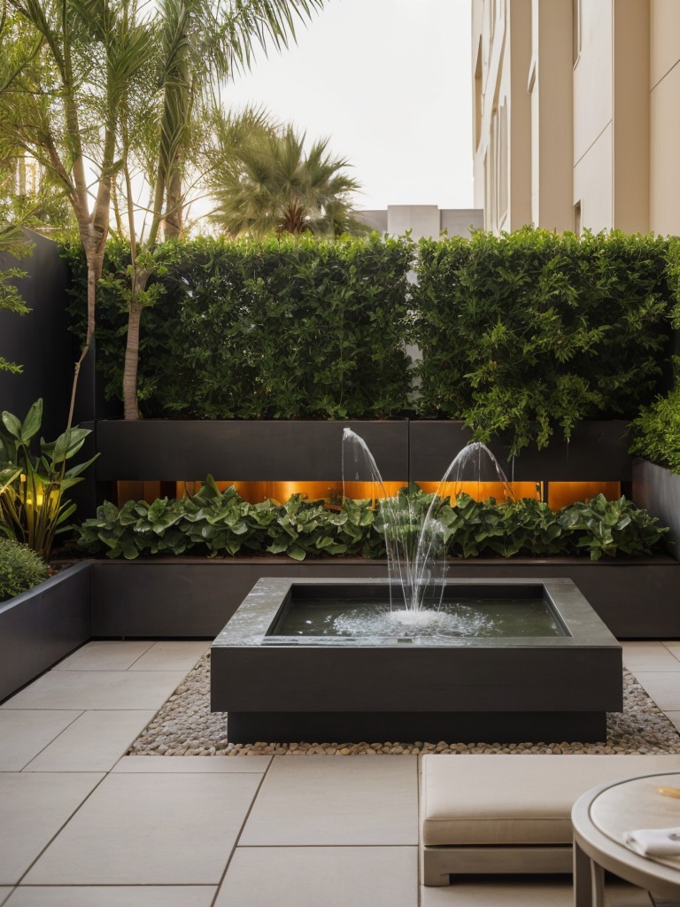 Create an intimate oasis on your apartment patio by incorporating a small water feature, such as a tabletop fountain, along with lush greenery and cozy seating options.