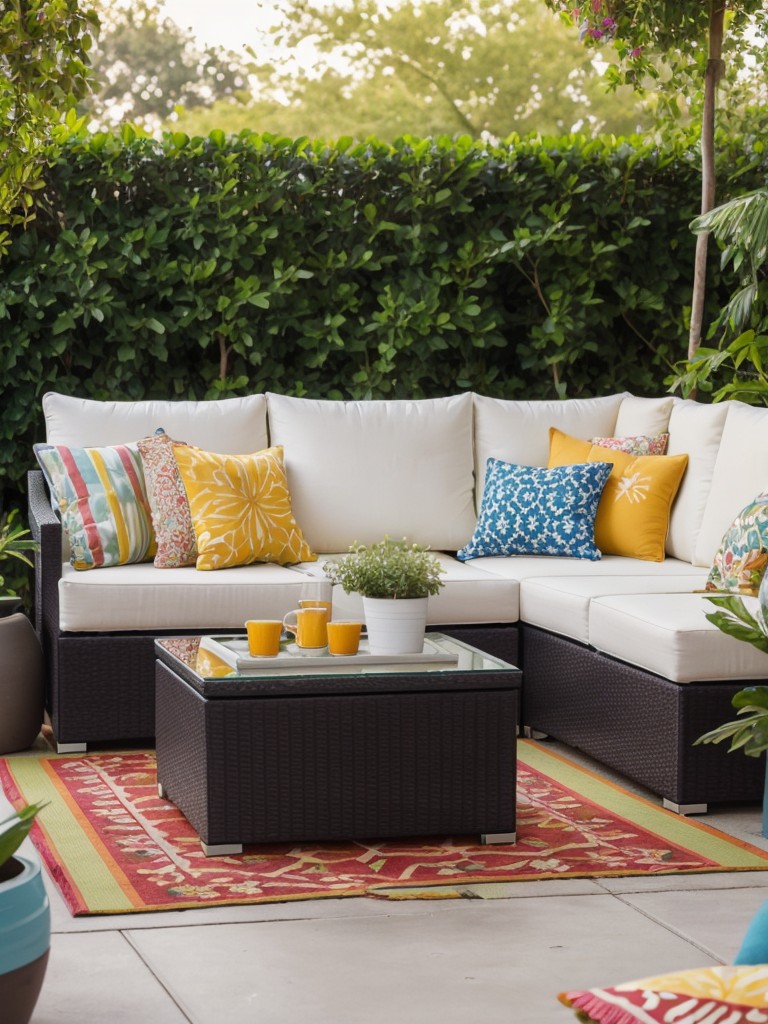 Create a vibrant apartment patio oasis by investing in large, colorful planters filled with exotic flowers and plants, along with bold patterned cushions and outdoor rugs.