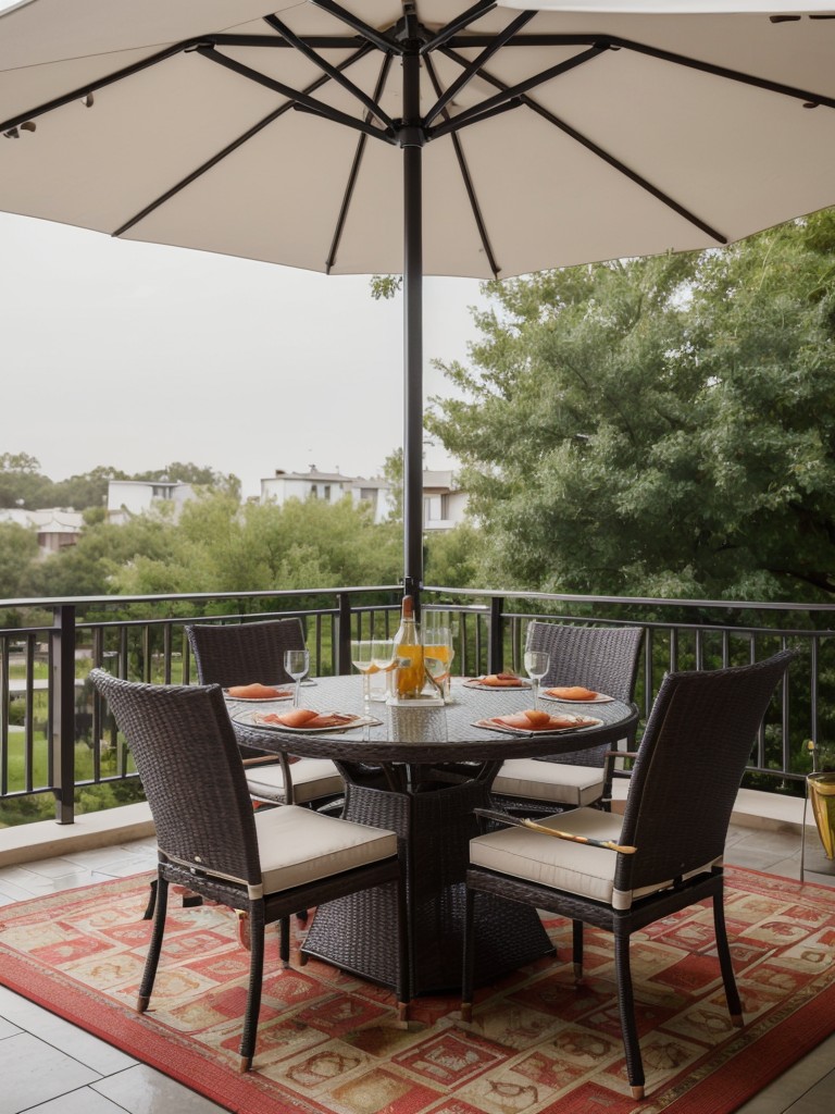 Elevate your apartment patio with a stylish dining area, complete with a chic table and chairs, a vibrant outdoor rug, and a statement-making umbrella for shade.