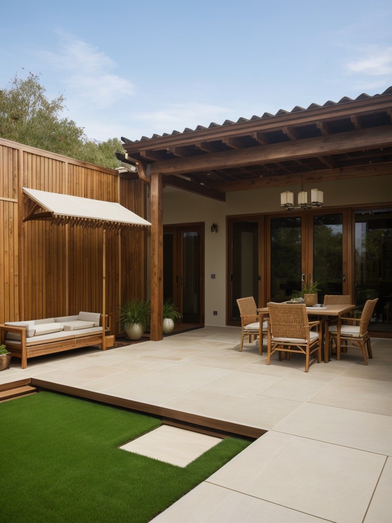 Embrace the natural elements by using earthy materials like bamboo or rattan furniture, along with natural stone flooring or artificial grass to create a serene and eco-friendly apartment patio.