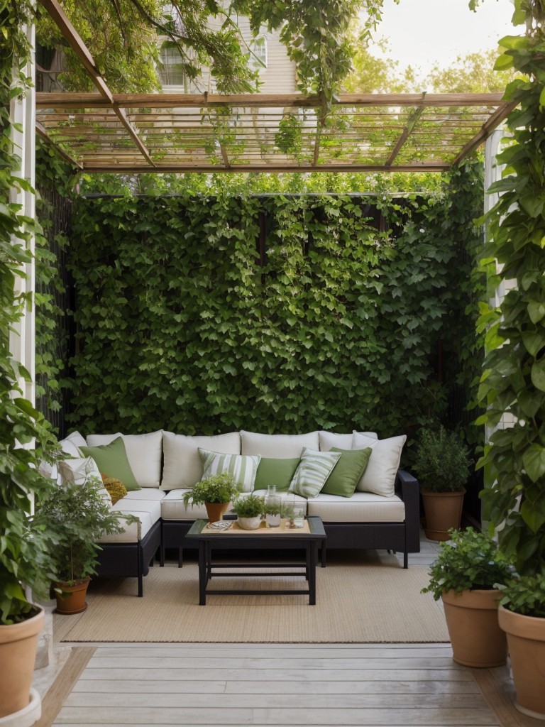 Enhance your apartment patio's privacy by incorporating a variety of green screens, such as tall potted plants, trellises covered in climbing vines, or outdoor curtains for added seclusion.