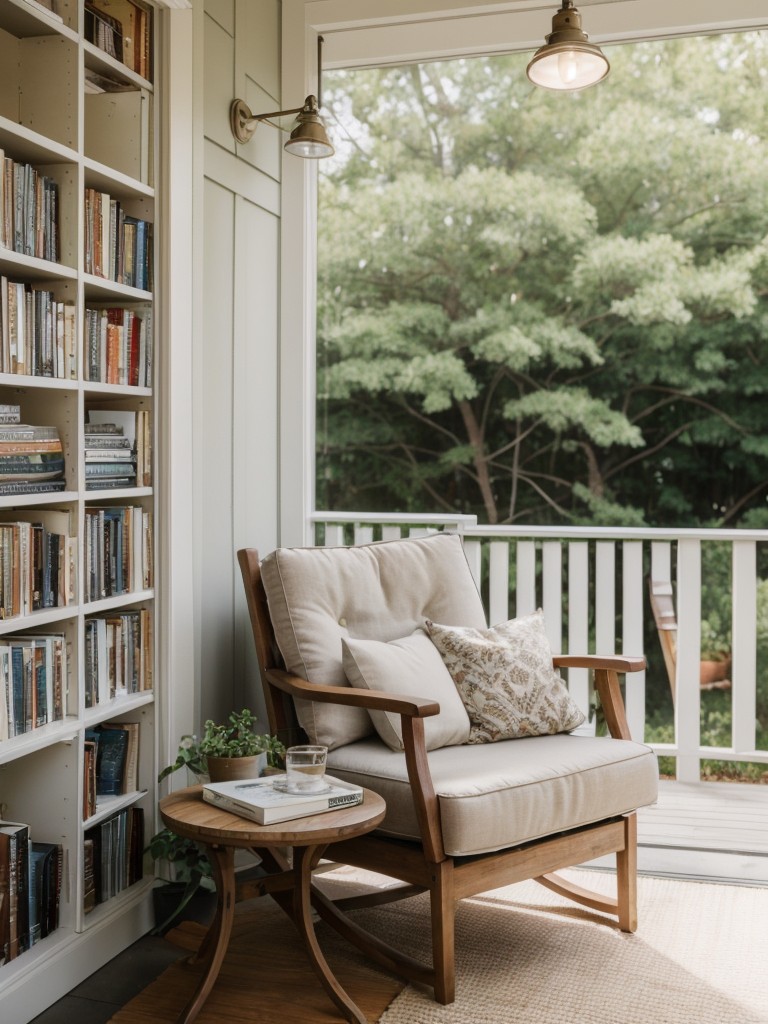 Incorporate a cozy reading nook on your apartment patio by adding a comfortable armchair, a small side table with a reading lamp, and a shelf filled with your favorite books and magazines.