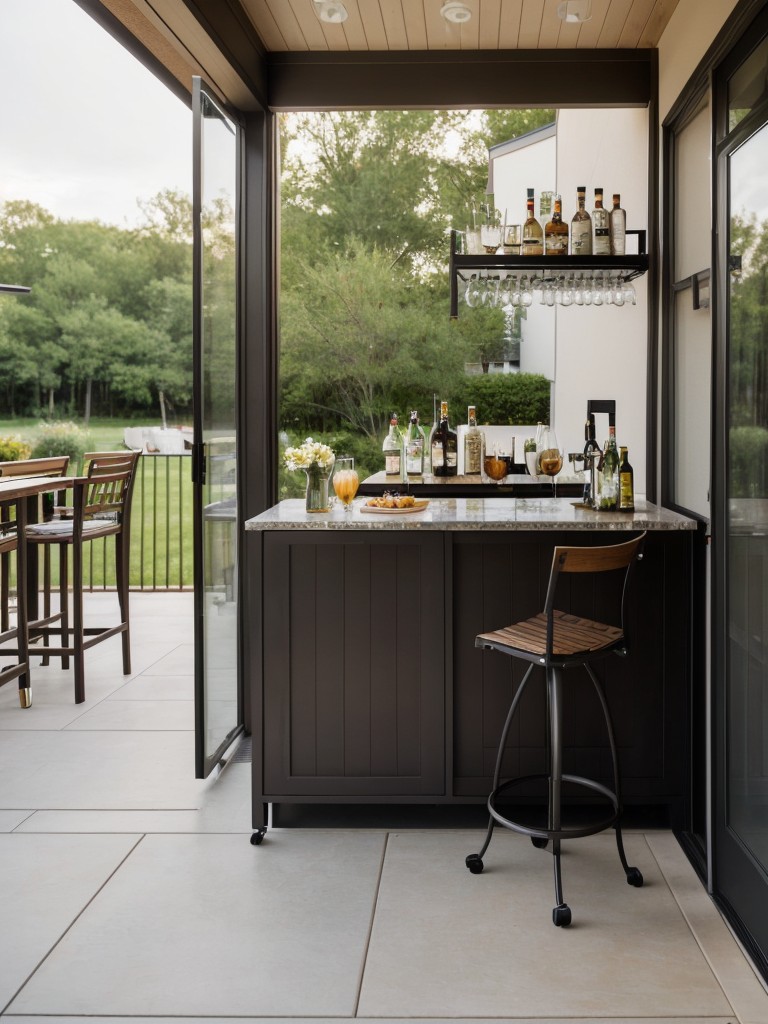 Incorporate a mini bar or beverage station on your apartment patio, complete with a stylish bar cart, a built-in mini fridge, and a selection of glassware for entertaining guests alfresco-style.