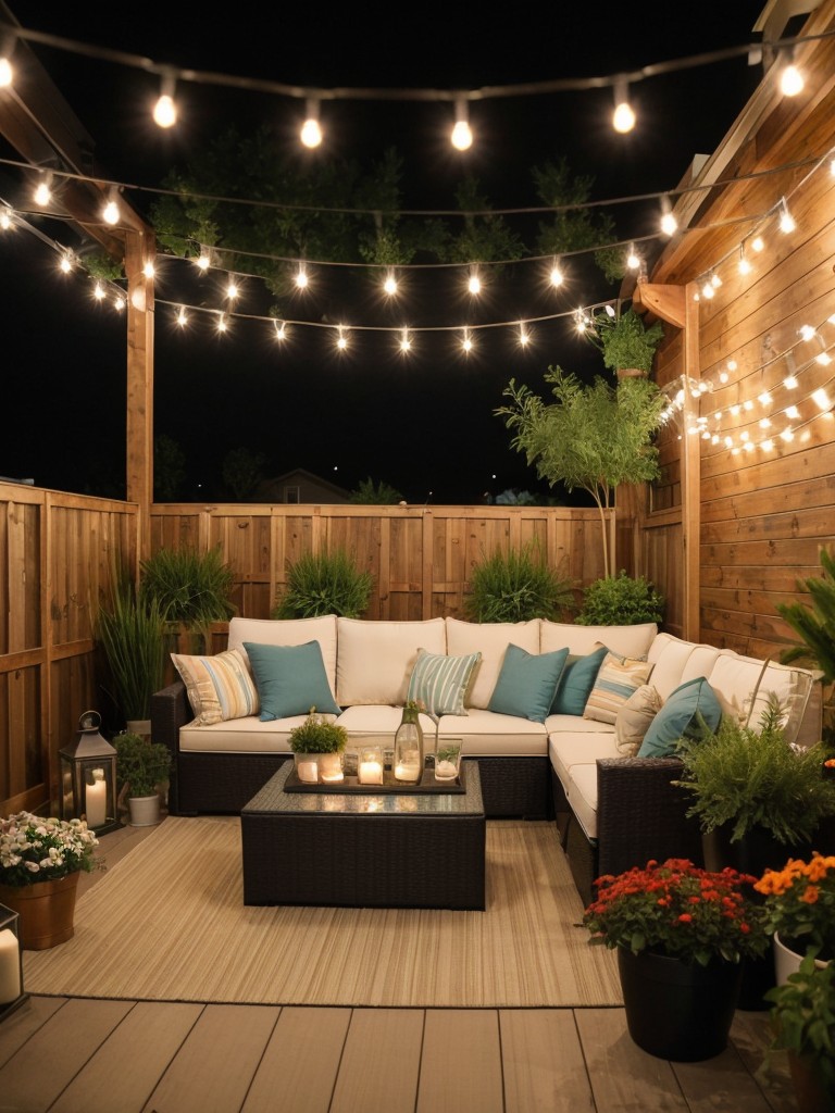 Transform your apartment patio into a cozy outdoor living space by adding comfortable seating, string lights, and planters filled with colorful flowers.