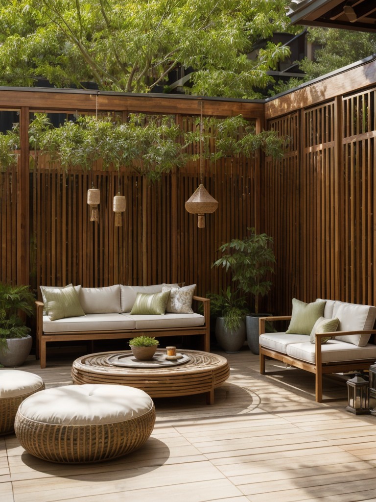 Transform your apartment patio into a tranquil yoga or meditation space by incorporating natural materials like bamboo flooring, soft cushions, and a soothing water feature or wind chimes.