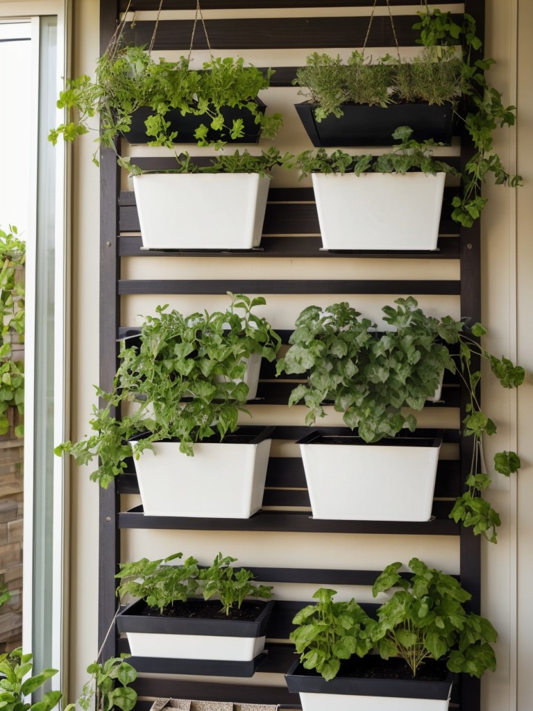 Use vertical gardening techniques to maximize your apartment patio's greenery, with hanging planters, trellises, and wall-mounted herb gardens for a fresh and organic look.