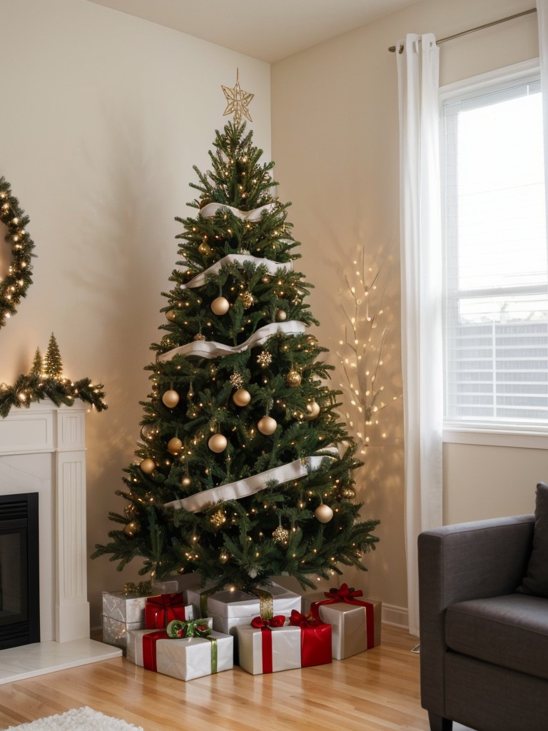 Apartment Christmas tree decoration ideas that maximize vertical space, using wall decals or hanging ornaments.