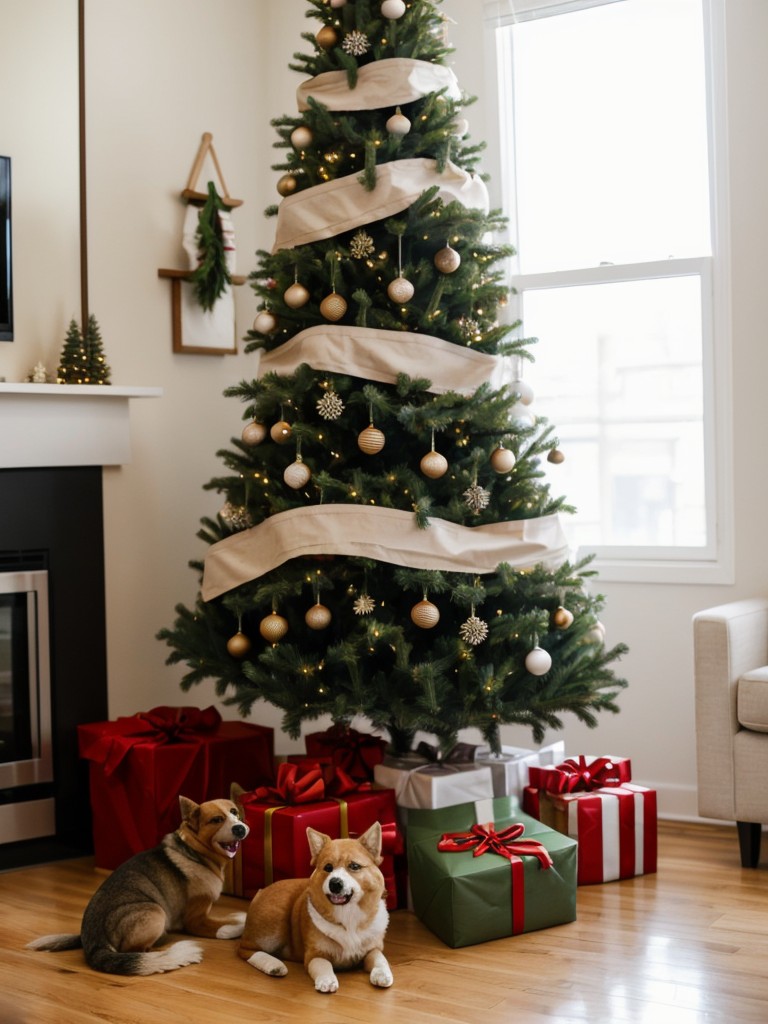 Apartment Christmas tree ideas for pet owners, featuring pet-friendly decorations and securing the tree to prevent toppling.