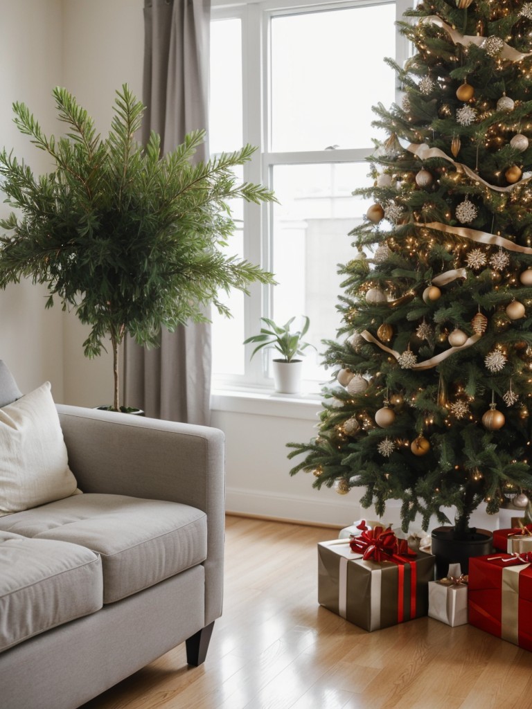 Apartment Christmas tree ideas for plant lovers, showcasing decorated indoor plants as an alternative to traditional trees.