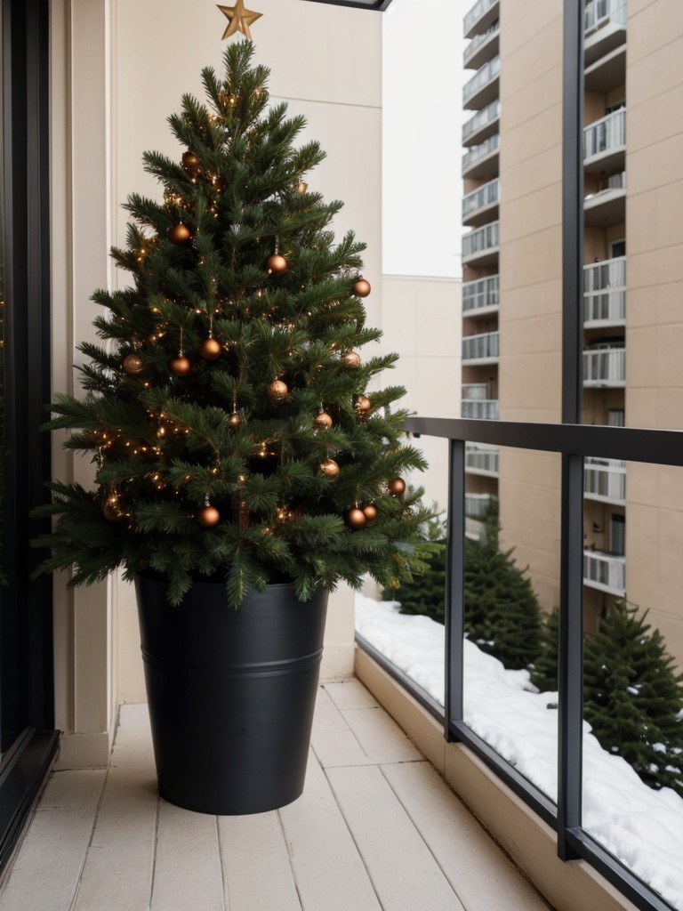 Apartment Christmas tree ideas for small balconies or outdoor spaces, using artificial trees or potted evergreens.