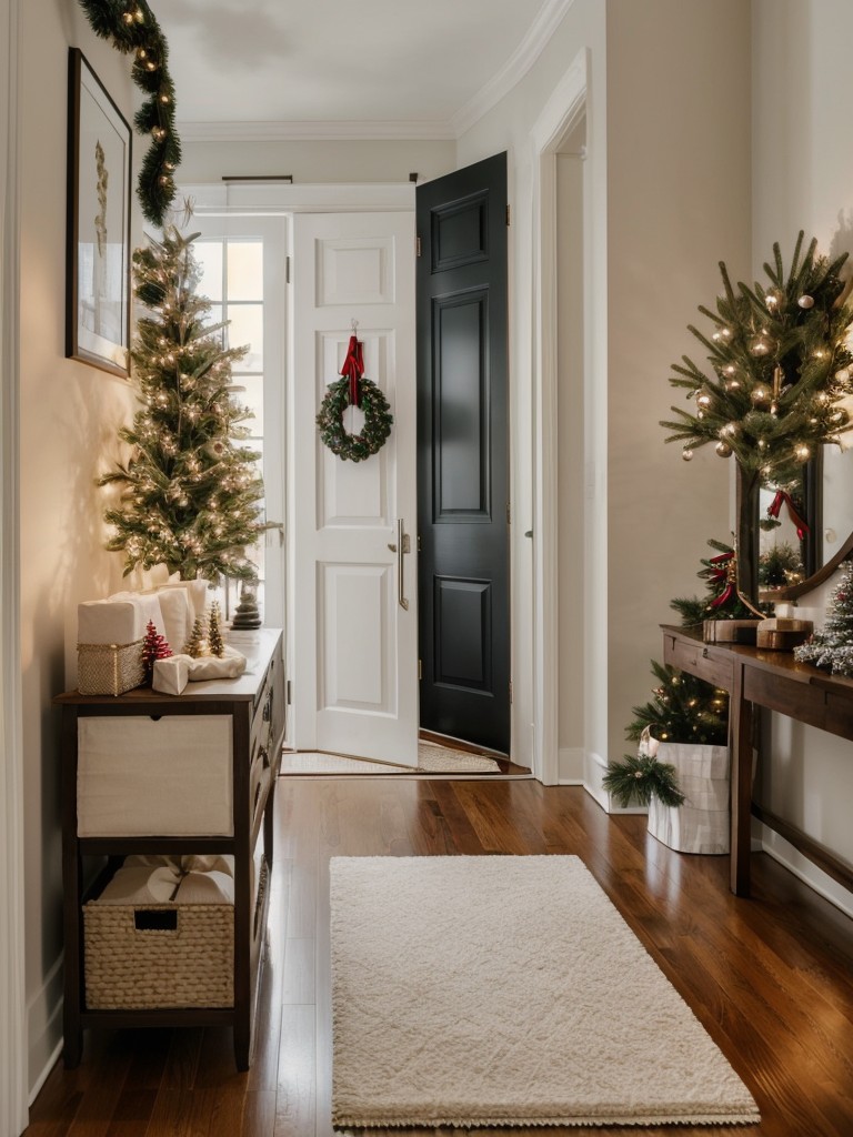 Apartment Christmas tree ideas for small entryways or foyers, utilizing slim trees or hanging wall trees to create a festive welcome.