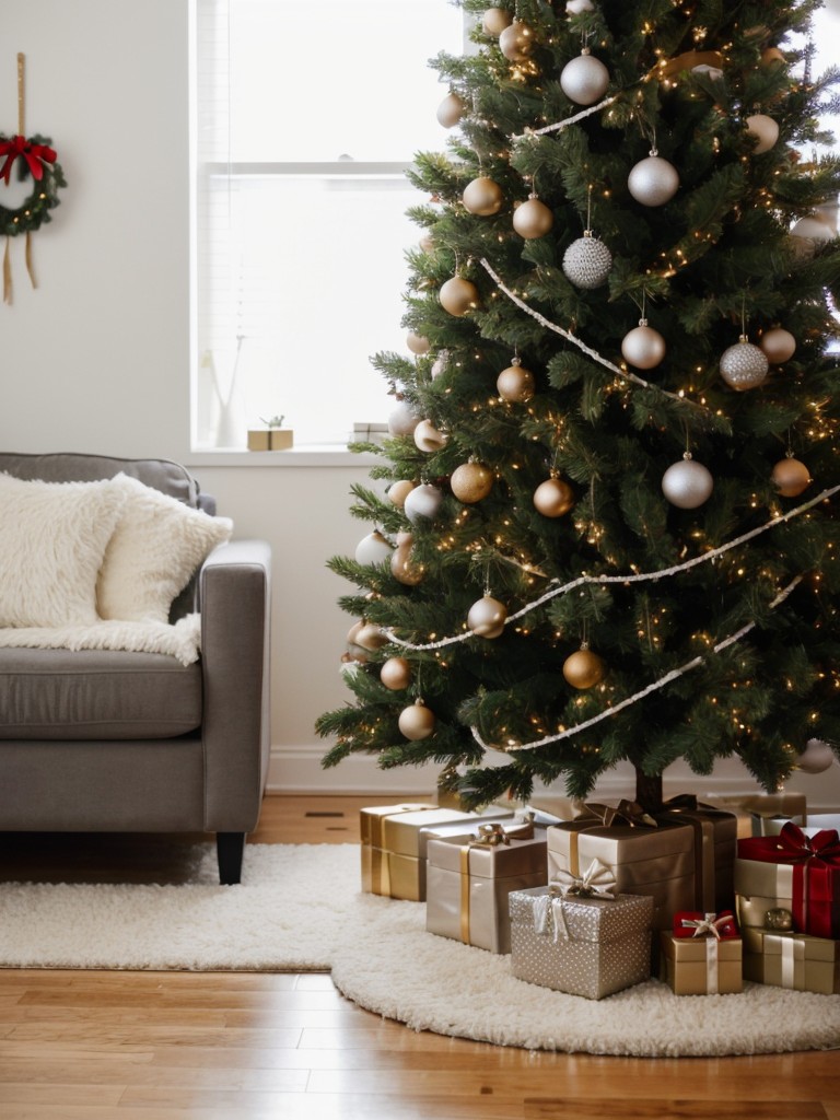 Christmas tree decorating ideas for small apartments, emphasizing minimalistic ornaments and compact tree toppers.