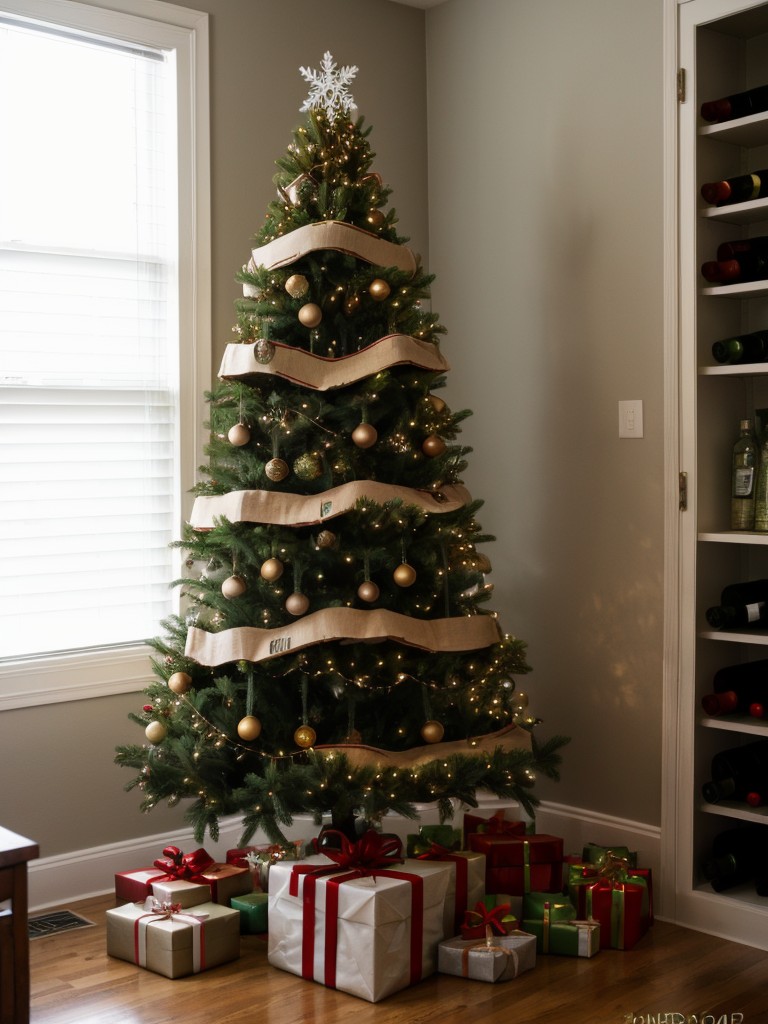 DIY apartment Christmas tree projects using repurposed materials, like books or wine bottles.