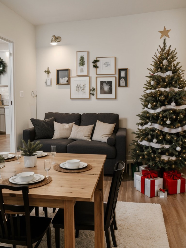 Space-saving apartment Christmas tree ideas, including tabletop trees and wall-mounted options.