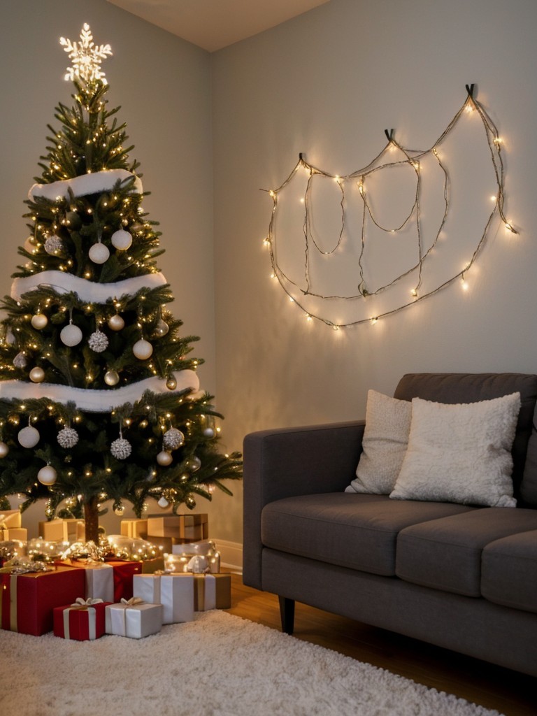 Unique apartment Christmas tree ideas, like using string lights to create a tree shape on the wall or a custom photo collage Christmas tree.