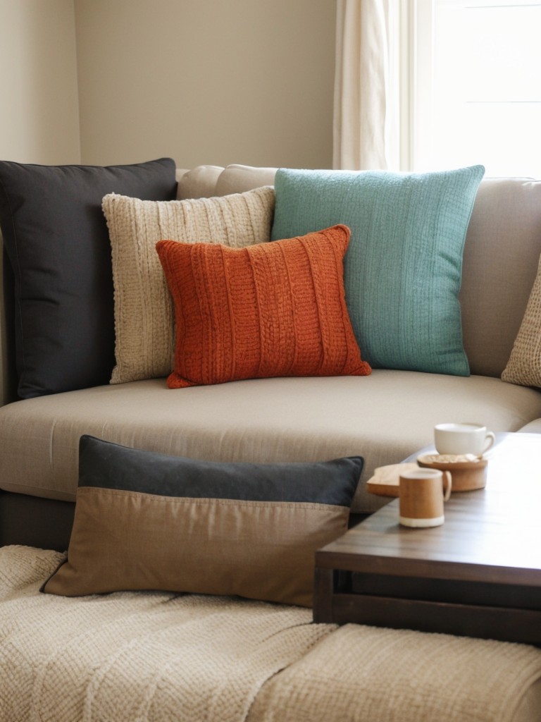 Add pops of color and personality to your living room by incorporating affordable decorative pillows, throws, or inexpensive artwork.