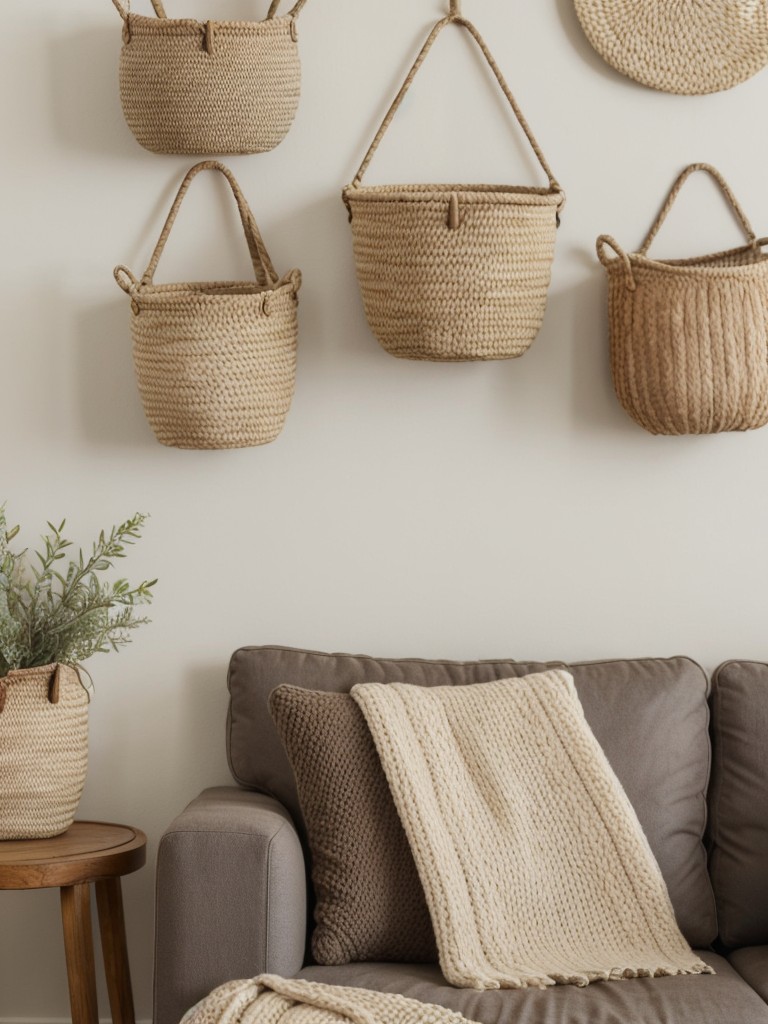 Experiment with different textures through affordable accessories like woven baskets, knit blankets, or textured wall hangings to add depth to your living room.