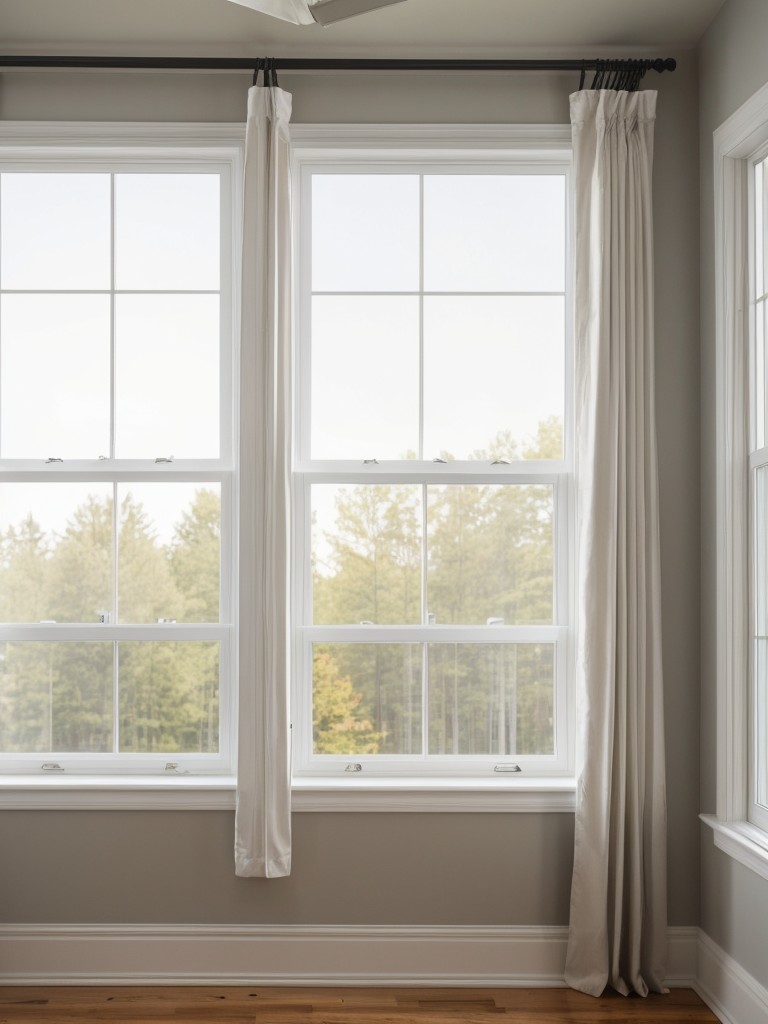 Hang affordable curtains higher and wider than the window frame to create an illusion of taller ceilings and wider windows.