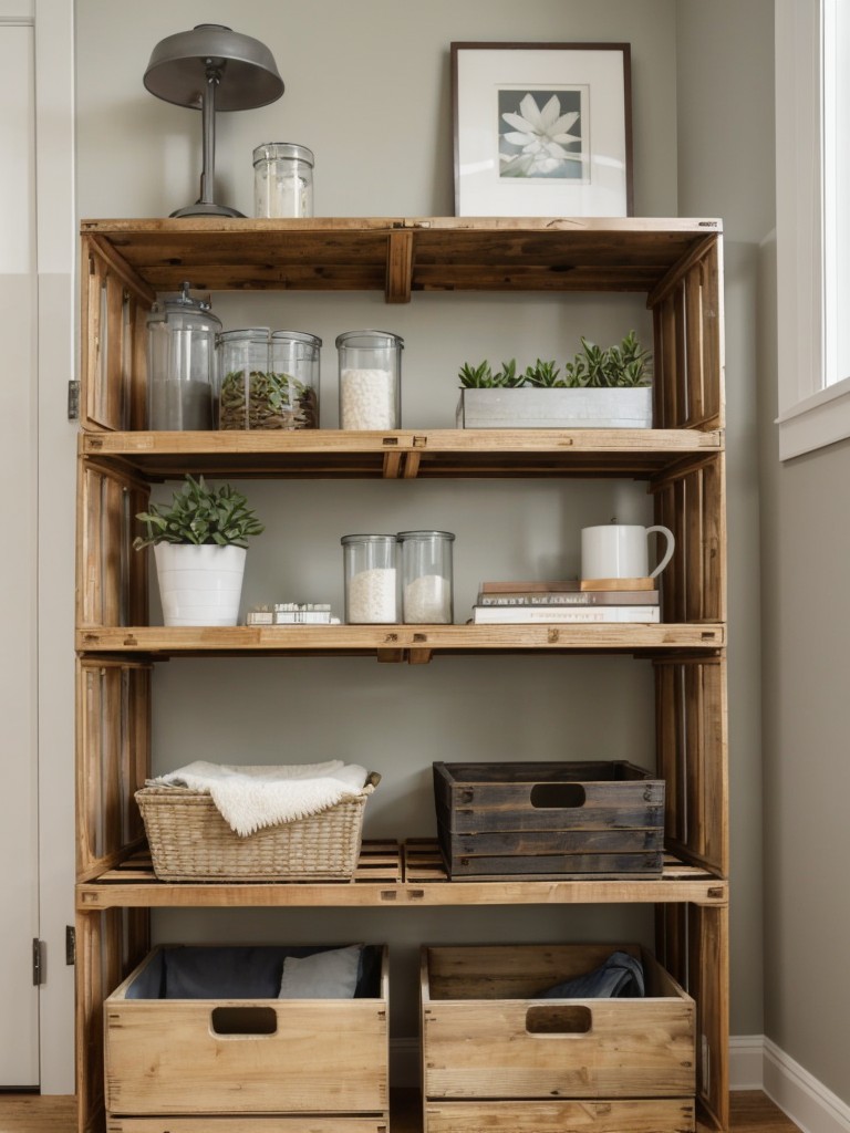 Incorporate DIY storage solutions, such as repurposing crates or using floating shelves, to keep your living room organized and clutter-free on a budget.